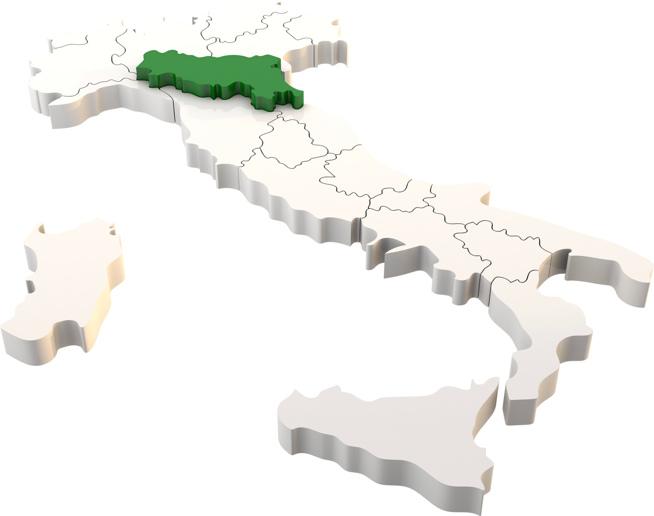 Italy map a 3d render isolated with Emilia Romagna italian regions